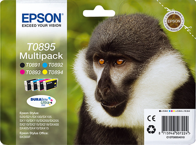 Epson T0895 Multipack - Pack of 4 - Black, Yellow, Cyan, Magenta - Original - Blister - Ink Cartridge - For Stylus S21, SX110, SX115, SX210, SX215, SX218, SX400, SX410, SX415, Stylus Office BX300