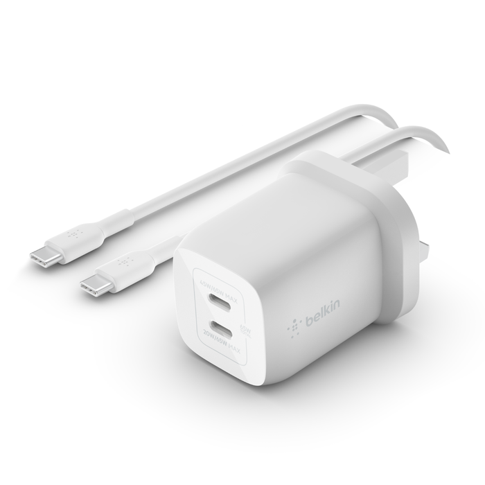 Belkin BOOST CHARGE PRO GaN - Power Adapter - PPS and GaN Technology - 65 Watt - Fast Charge, PD 3.0 - 2 Output Connectors (2 x USB-C) - White