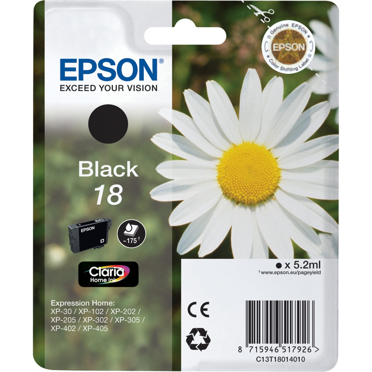 Epson 18 - 5.2 ml - preto - original - tinteiro - para Expression Home XP-212, 215, 225, 312, 315, 322, 325, 412, 415, 422, 425