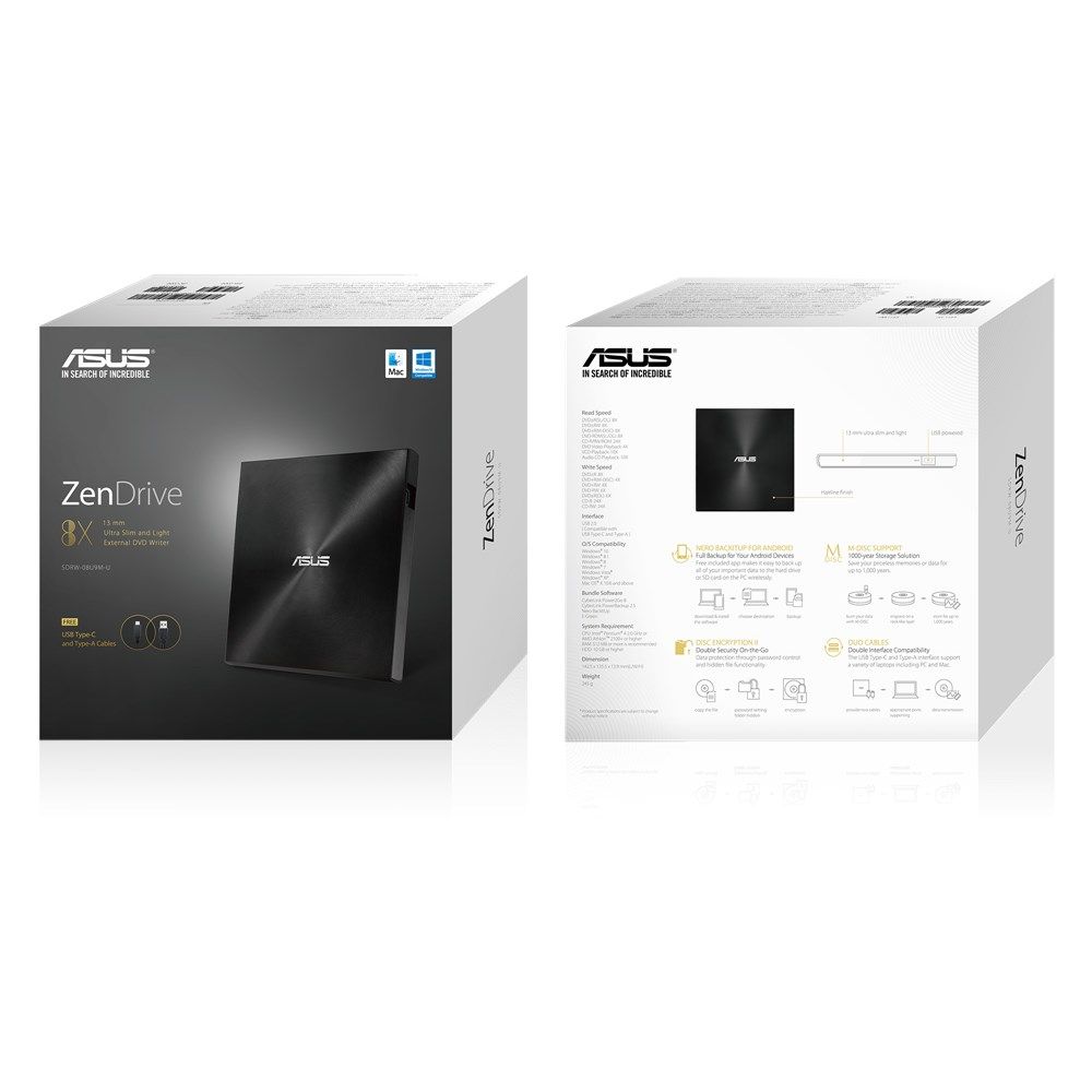 DVD+/-RW ASUS 8x External USB C UltraSlim Black - SDRW-08U9M-U