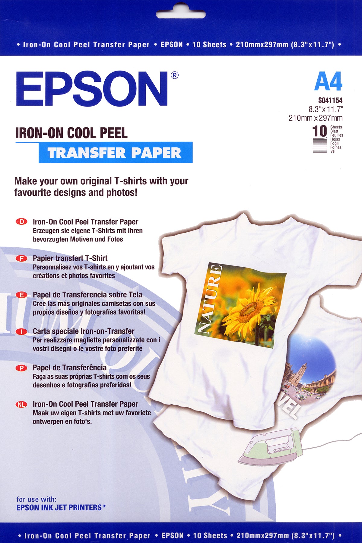 Epson Cool Peel T-Shirt - A4 (210 x 297 mm) 10 pcs. iron-on decals - for EcoTank ET-7700, 7750, Expression Home HD XP-15000, Expression Premium XP-540, 6000, 6005