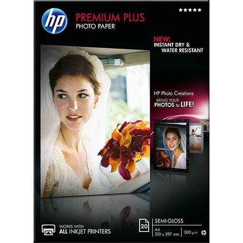 Papel fotográfico HP Premium Plus - Semisatinado - A4 (210 x 297 mm) - 300 g/m² - 20 hoja(s) papel fotográfico - para ENVY 50XX, ENVY Inspire 7255, 79XX, Officejet 52XX, 80XX, Photosmart B110, Wireless B110