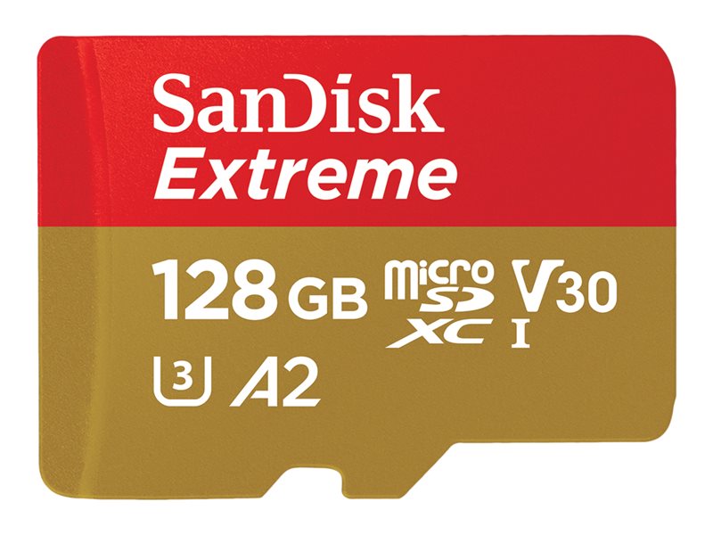 SanDisk Extreme - Flash Memory Card (Included microSDXC to SD Adapter) - 128 GB - A2 / Video Class V30 / UHS-I U3 / Class10 - microSDXC UHS-I (SDSQXA1-128G-GN6AA)
