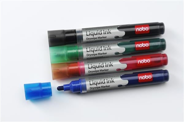 Nobo Liquid Ink - Marcador - não-permanente - para flip chart, transparências, quadro branco - preto, vermelho, azul, verde, laranja, púrpura - 3 mm (pacote de 6)
