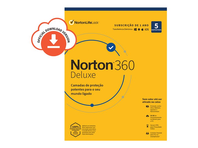 Norton 360 Deluxe - Para Tech Data - licença de assinatura (1 ano) - 5 dispositivos, 50 GB de espaço de armazenamento na cloud - Download - ESD - Win, Mac, Android, iOS - Portugal, Sul da Europa