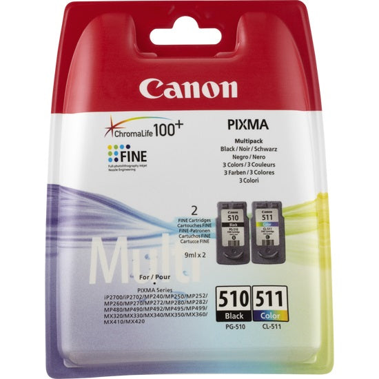 Canon PG-510 / CL-511 Multi pack - Pack de 2 - preto, cor (ciano, magenta, amarelo) - original - tinteiro - para PIXMA MP230, MP237, MP252, MP258, MP270, MP280, MP282, MP499, MX350, MX360, MX410, MX420