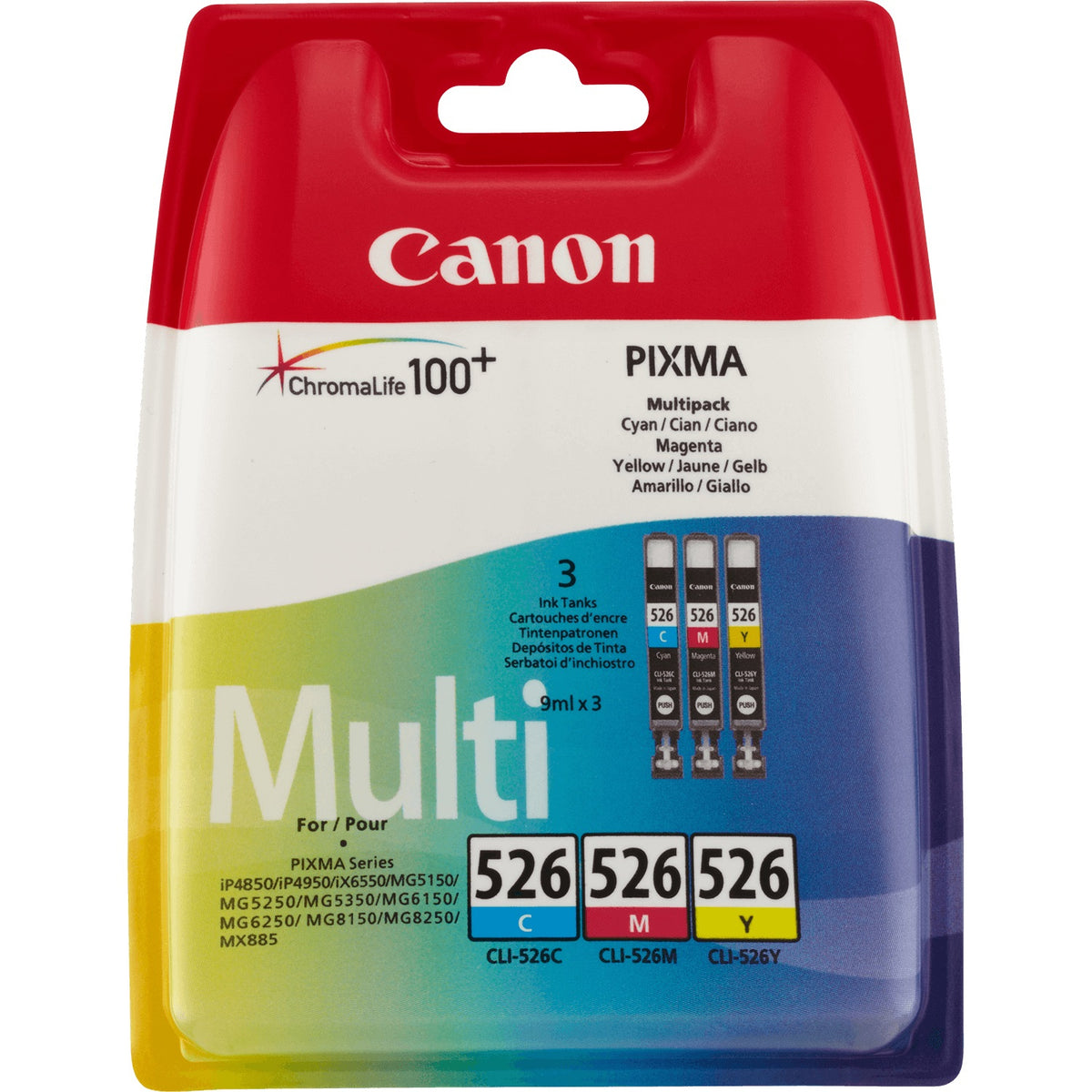 Canon CLI-526 C/M/Y Multi pack - Pack de 3 - amarillo, cian, magenta - original - depósito de tinta - para PIXMA iP4950, iX6550, MG5250, MG5350, MG6150, MG6250, MG8150, MG8250, MX715, MX885 , MX895