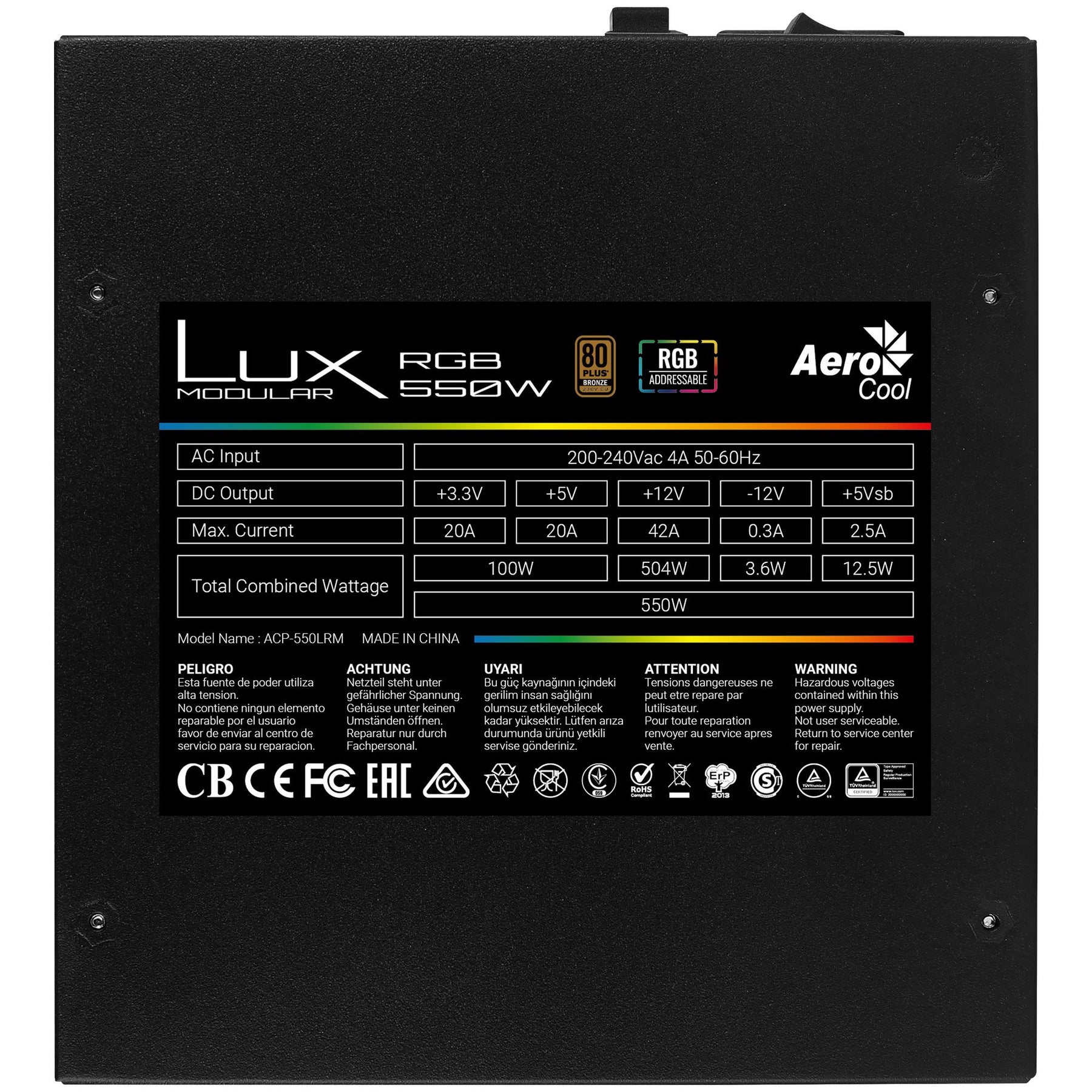 Fuente AEROCOOL LUX 550W RGB, 80Plus Bronce - LUXRGB550M (LUXRGB550M)