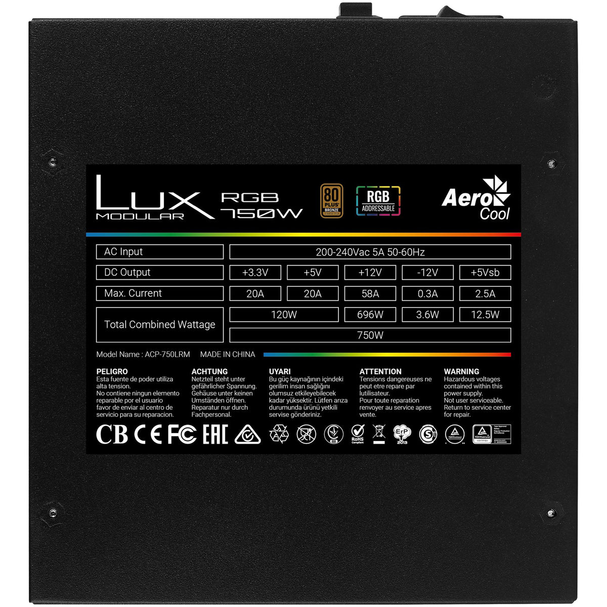 Fuente AEROCOOL LUX 750W RGB, 80Plus Bronce - LUXRGB750M (LUXRGB750M)