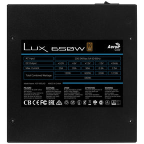 Source AEROCOOL LUX 650W, 80Plus Bronze 230V 88% EFFICIENCY - LUX650 (LUX650)