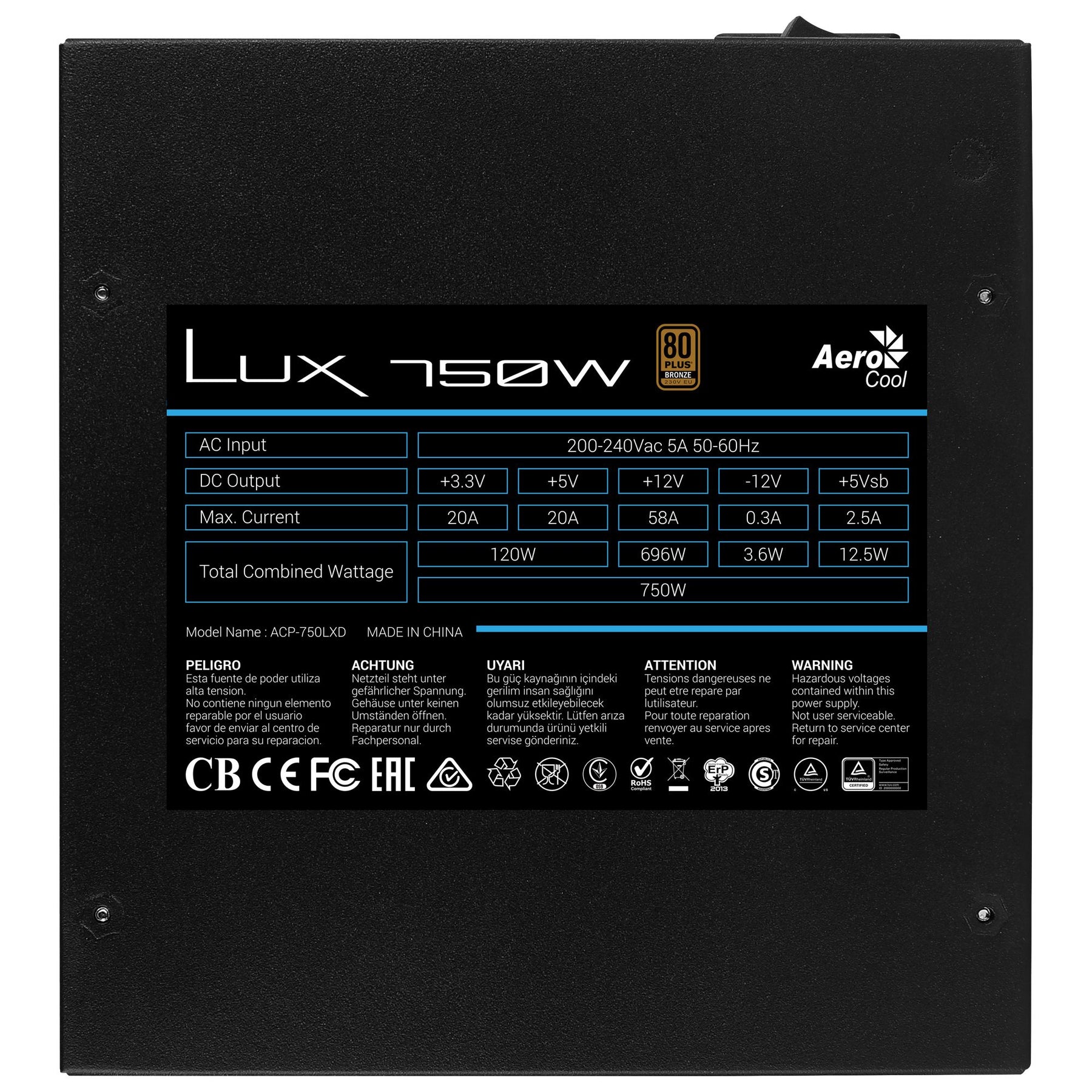 Fonte AEROCOOL LUX 750W, 80Plus Bronze 230V 88% (LUX750)