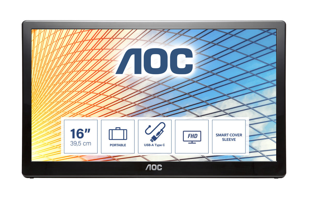 AOC E1659FWU - Serie myConnect - Monitor LED - 15,6" - portátil - 1366 x 768 @ 60 Hz - TN - 200 cd/m² - 500:1 - 5 ms - USB - negro