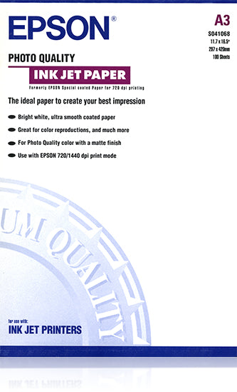 Epson Photo Quality Ink Jet Paper - Matte - Coated - A3 (297 x 420 mm) - 102 gsm - 100 sheet(s) paper - for SureColor SC-P700, P7500, P900, P9500, T2100, T3100, T3405, T5100 , T5400, T5405