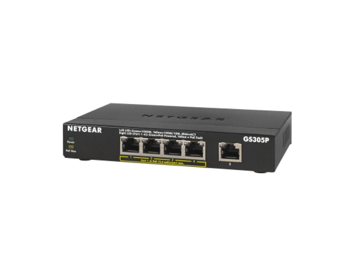 NETGEAR GS305Pv2 - Interruptor - sem gestão - 5 x 10/100/1000 (4 PoE) - desktop, montável na parede - PoE+ (63 W) - alimentação DC