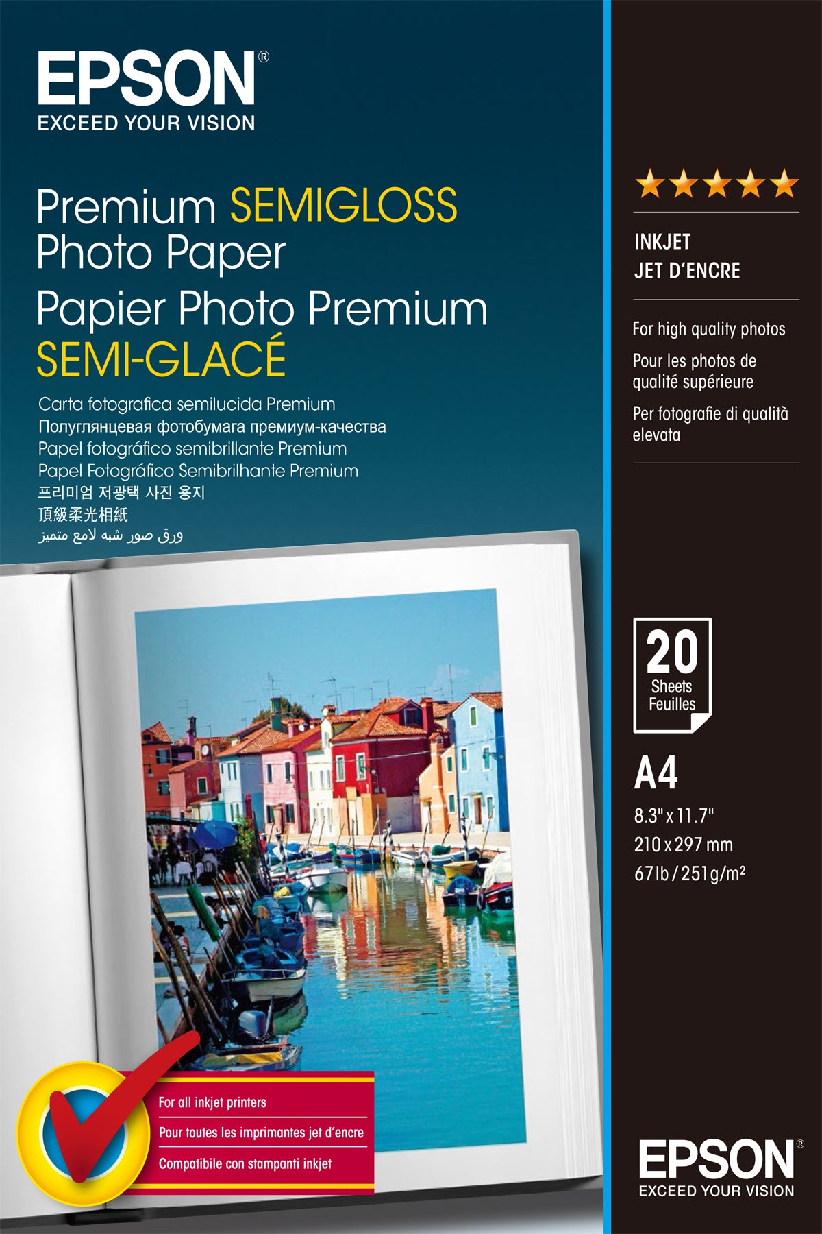 Epson Premium Semigloss Photo Paper - Semi-brilhante - A4 (210 x 297 mm) 20 folha(s) papel fotográfico - para EcoTank ET-2750, 2751, 2756, 2850, 2851, 2856, 4750, 4850, Expression Home HD XP-15000