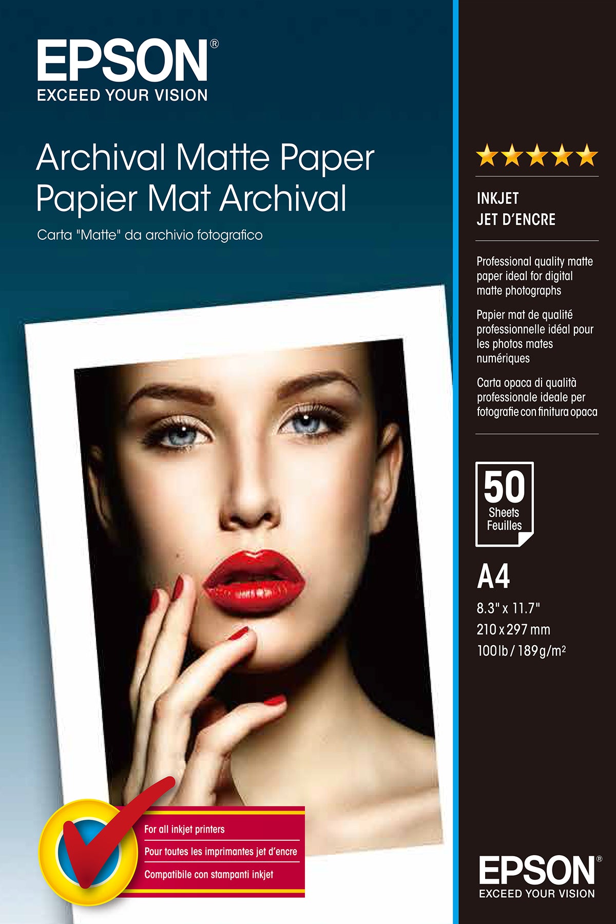 Epson Archival Matte Paper - Mate - A4 (210 x 297 mm) - 189 g/m² - 50 hoja(s) de papel - para SureColor SC-P700, P900, T2100, T3100, T3405, T5100, T5400, T5405, WorkForce Pro WF -C5790