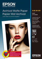 Epson Archival Matte Paper - Mate - A3 (297 x 420 mm) - 192 g/m² - 50 hoja(s) de papel - para SureColor SC-P700, P7500, P900, P9500, T2100, T3100, T3400, T3405, T5100, T5400 , T5405