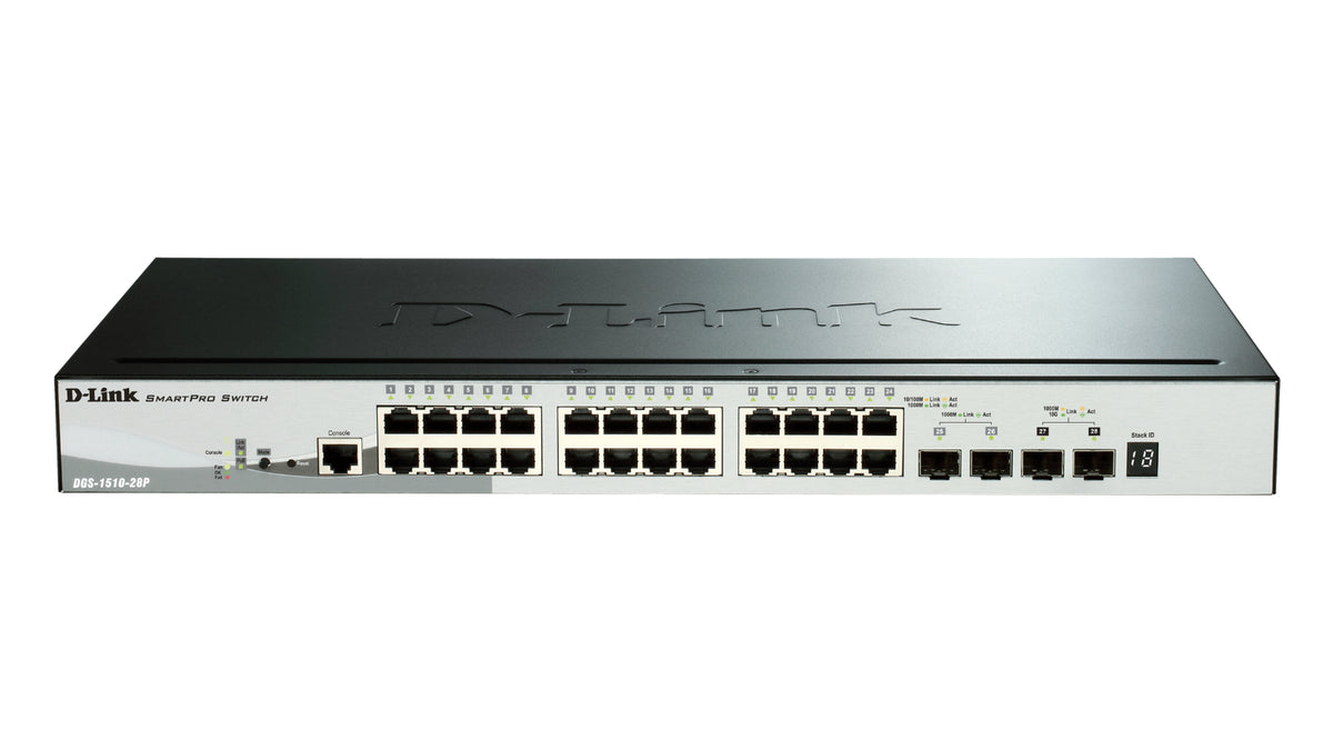 D-Link DGS 1510-28P - Interruptor - L3 - inteligente - 24 x 10/100/1000 (PoE+) + 2 x Gigabit SFP + 2 x 10 Gigabit SFP+ - desktop, montável em trilho - PoE+ (193 W)