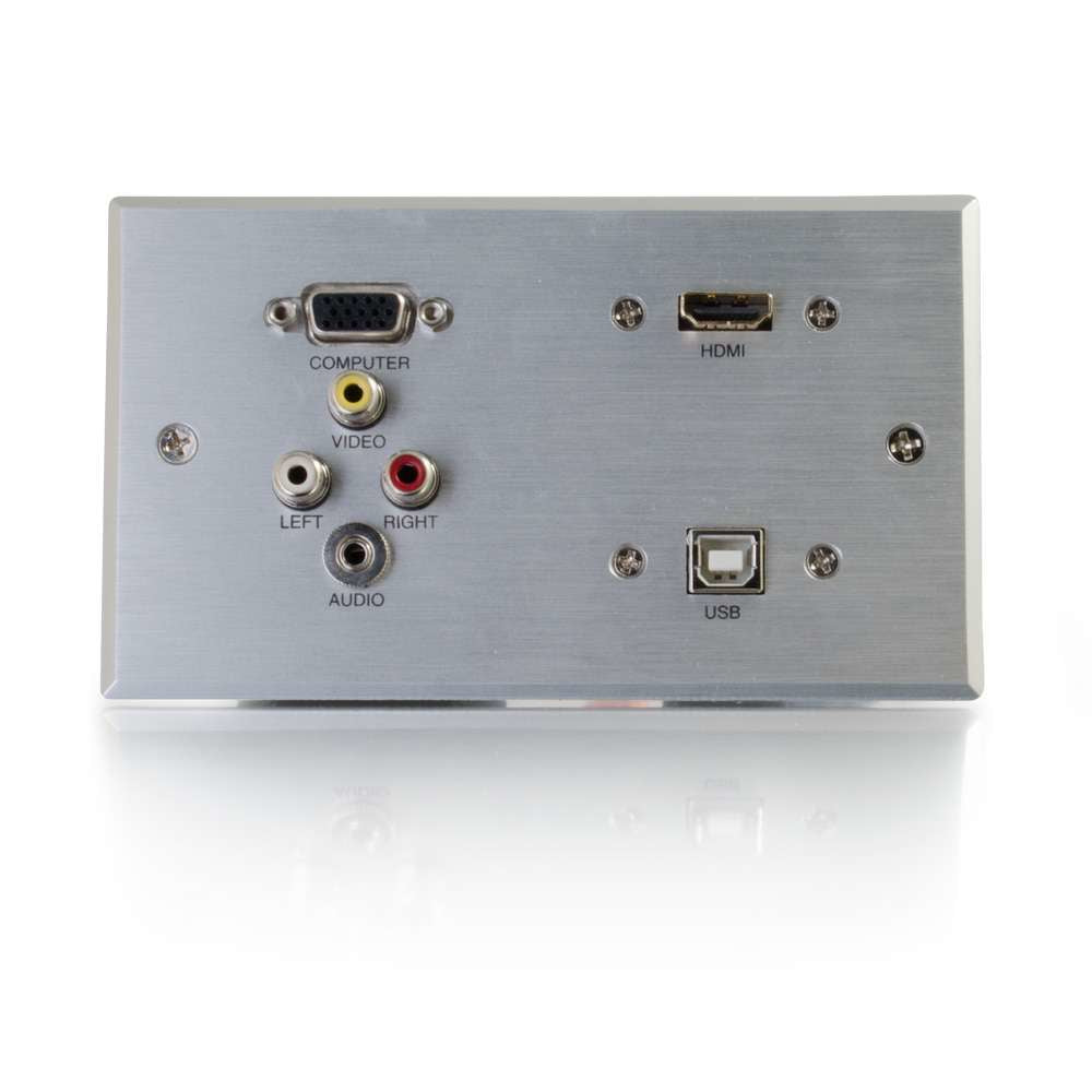 C2G RapidRun Double Gang Integrated VGA (HD15) + 3,5 mm + Video compuesto + Stereo Audio + HDMI + USB Wall Plate - Placa de fijación - HD-15, RCA X 3, miniauricular estéreo de 3,5 mm, HDMI, USB tipo B - aluminio cepillado - 2 controles