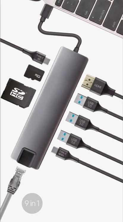 USB HUB 9 Ports CoolBox USB-C with 3 USB type A/2 USB type C/1 HDMI/ 1 RJ45/1 SD/1 mSD