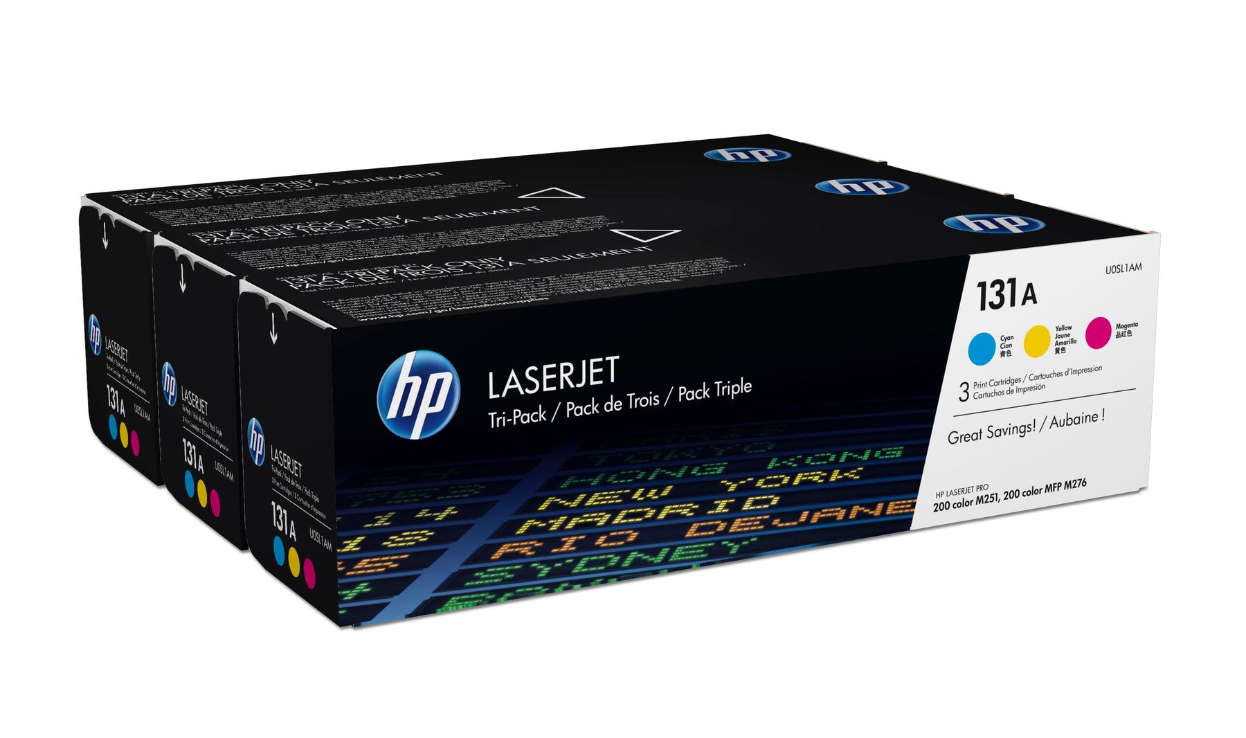 HP 131A - Paquete de 3 - Amarillo, Cian, Magenta - Genuino - LaserJet - Cartucho de tóner (U0SL1AM) - para LaserJet Pro 200 M251n, 200 M251nw, 200 M276nw, MFP M276n, MFP M276nw