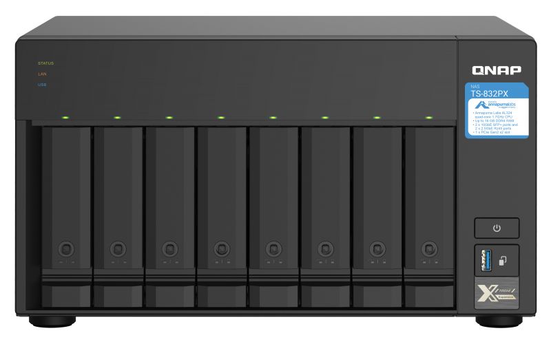 QNAP TS-832PX-4G - NAS Server - 8 bays - SATA 6Gb/s - RAID (hard disk expansion) 0, 1, 5, 6, 10, 50, JBOD, 60 - RAM 4 GB - Gigabit Ethernet / 2.5 Gigabit Ethernet / 10 Gigabit Ethernet - iSCSI assistance