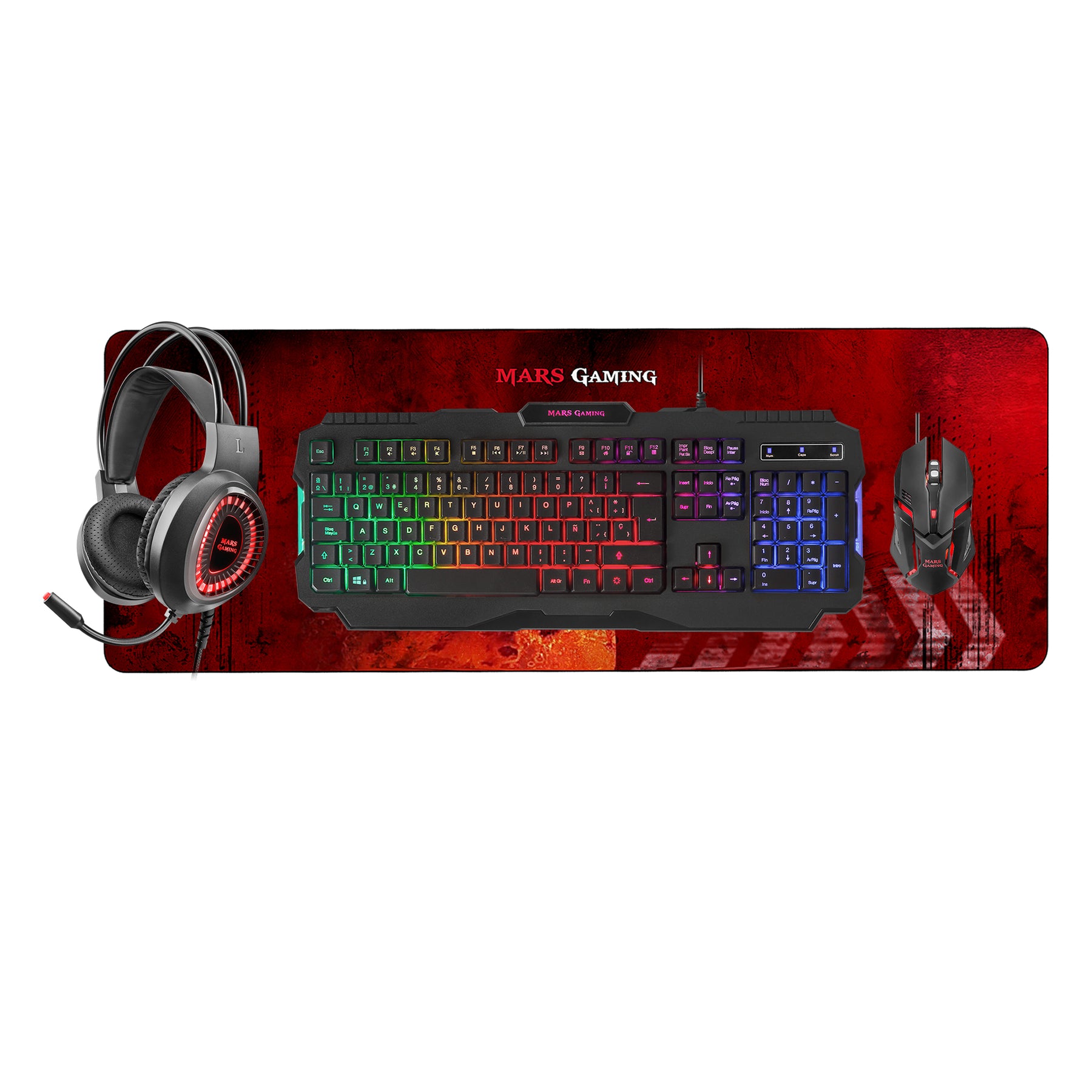 Combo MARS GAMING MCPRGB2 4 em 1 RGB, Teclado, Auscultadores, Rato, Tapete Rato XL