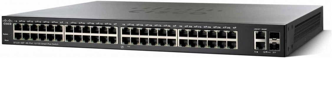 Cisco 220 Series SF220-48P - Interruptor - Administrado - 48 x 10/100 (PoE) + 2 x combo Gigabit SFP - desktop, montável em trilho - PoE (375 W)