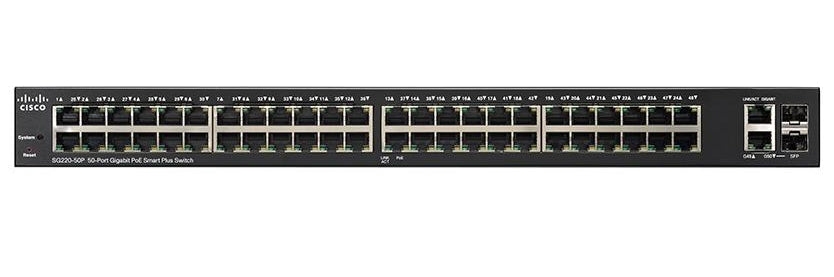 Cisco 220 Series SG220-50P - Interruptor - Administrado - 48 x 10/100/1000 (PoE) + 2 x combo Gigabit SFP - desktop, montável em trilho - PoE (375 W)