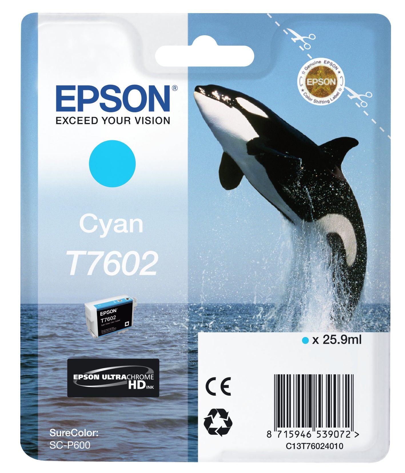 Epson T7602 - 26 ml - azul cian - original - blister - cartucho de tinta - para SureColor P600, SC-P600