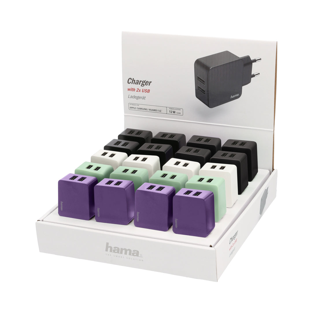 BOX HAMA Charger 220V 2USB, 2.4A (8xBlack;4xWhite;4xGreen;4xPurple) - 00210540