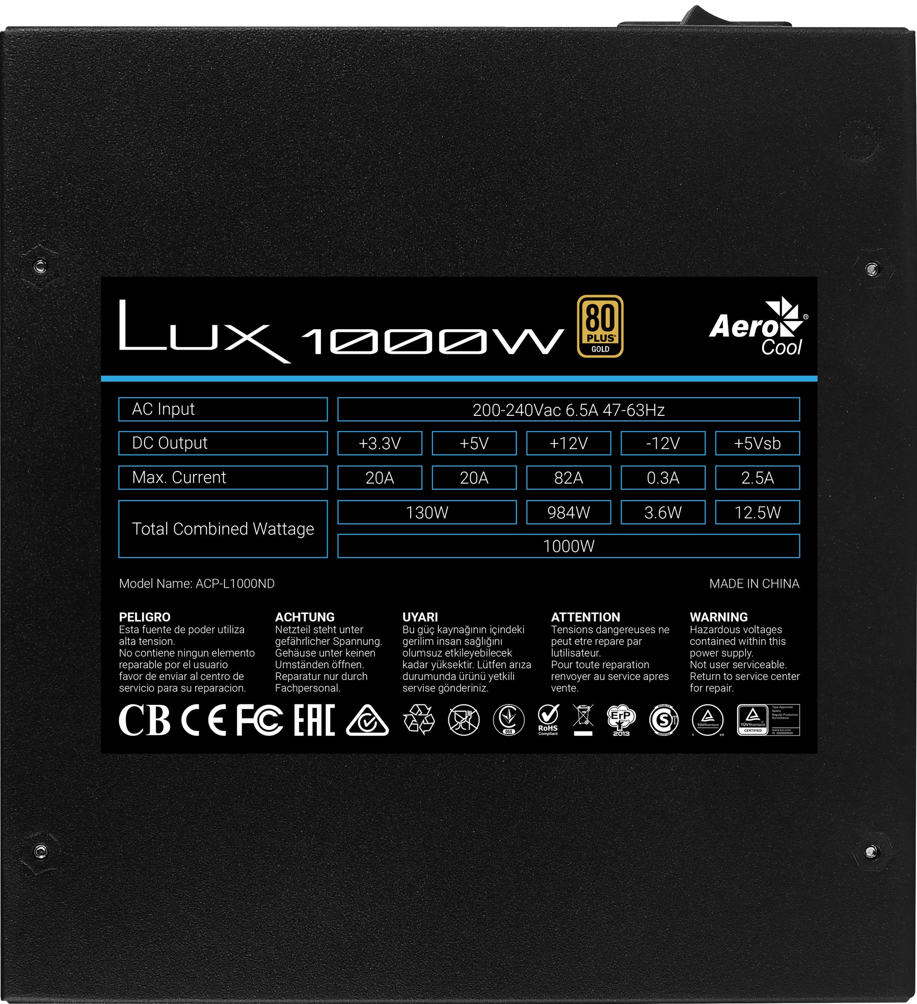 Fonte Alim. AEROCOOL LUX 1000W PSU, 80 PLUS GOLD, APFC, SILENT FAN (LUX1000)