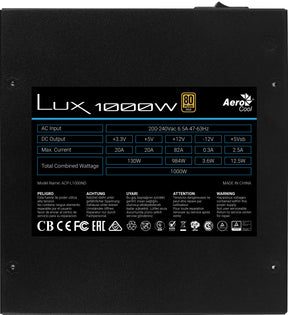 Food Source AEROCOOL LUX 1000W PSU, 80 PLUS GOLD, APFC, SILENT FAN (LUX1000)