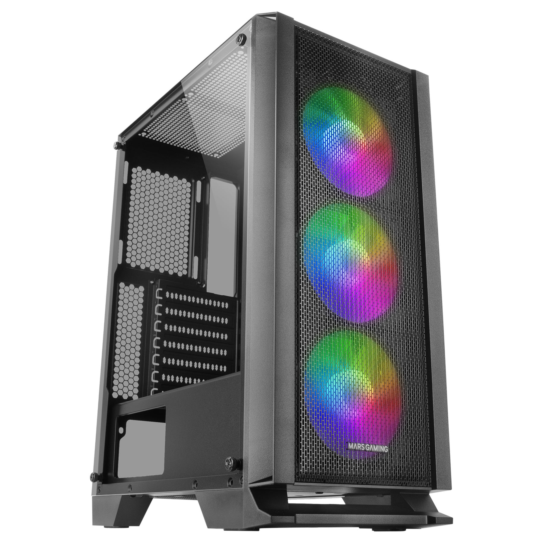 Caixa MARS GAMING MCC ATX CASE, 3X 12CM FRGB FAN, GLASS, FRONT MESH, BLACK (MCC)