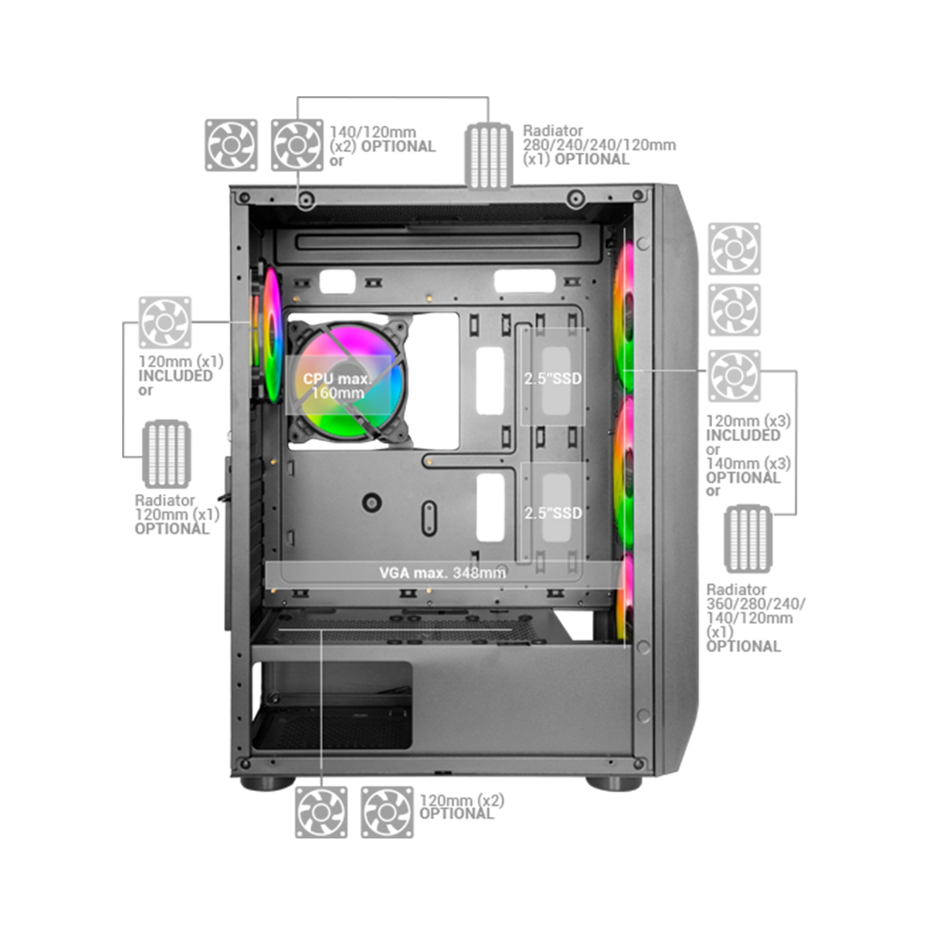 BOX MARS GAMING MC-KX E-ATX XL CASE, 5X 12CM ARGB FAN + CONTROLLER,CPU FREEZER,CRISTAL,FRONT MESH,WH (MCKXW)