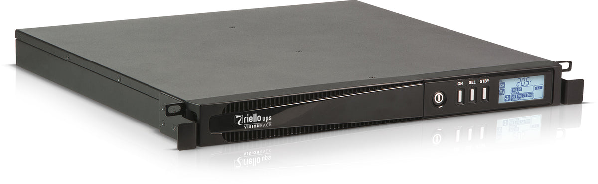 Riello UPS Vision Rack VSR 1100 - UPS (montável em bastidor) - AC 230 V - 880 Watt - 1100 VA - RS-232, USB - conectores de saída: 4 - 1U - 19" - cinza escuro