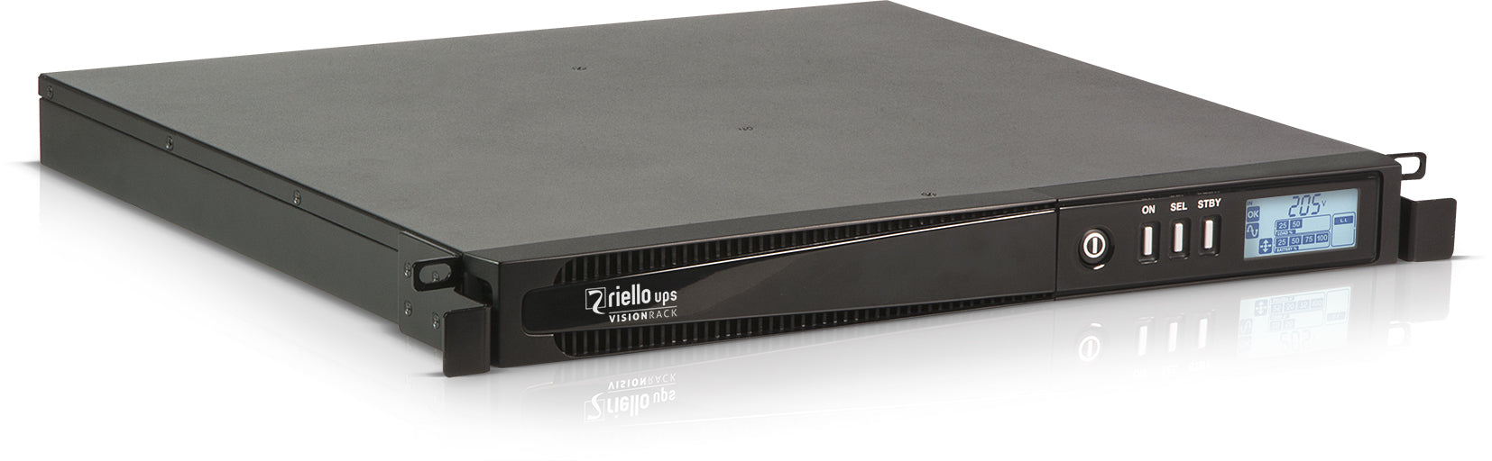 Riello UPS Vision Rack VSR 1100 - UPS (montable en rack) - AC 230 V - 880 Watt - 1100 VA - RS-232, USB - conectores de salida: 4 - 1U - 19" - gris oscuro