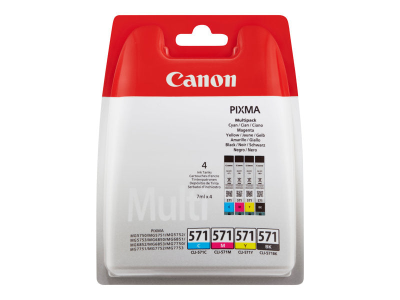 Canon CLI-571 C/M/Y/BK Value Pack - Pack of 4 - 7ml - Black, Yellow, Cyan, Magenta - Original - Ink Tank - for PIXMA (0386C005)