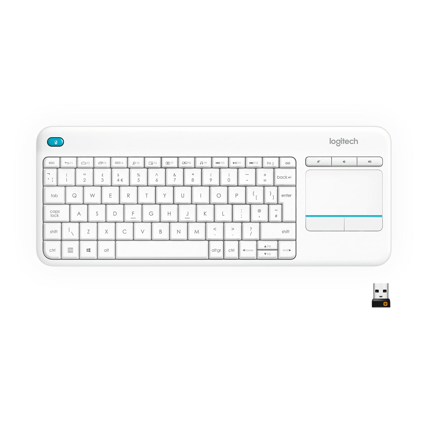 Logitech Wireless Touch Keyboard K400 Plus - Teclado - Inalámbrico - 2,4 GHz - Estándar internacional de EE. UU. - Blanco