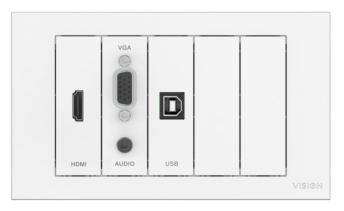 VISION Techconnect Modular AV Faceplate - LIFETIME WARRANTY - Wall Mounted Module Package - includes UK double-gang backbox, double-gang surround, 1 x VGA with minijack module, 1 x HDMI module, 1 x USB-B (3.0 with B on front , A on rear) module, 3x