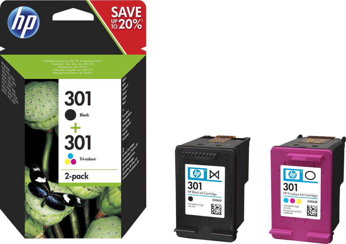 HP 301 - Pack de 2 - preto, cor (ciano, magenta, amarelo) - original - tinteiro - para Deskjet 1050A J410, 1051A J410, 10XX, 10XX J410, 15XX, 2000, 2050 J510, 2050A J510, 2054A J510, 25XX, 3000, 3050 J610, 3050A J611, 3052A J611, 3054A J611, 3055A J6