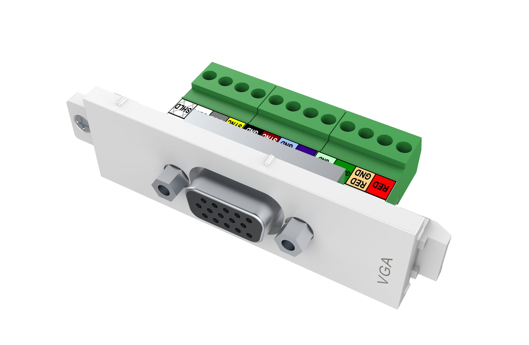 VISION Techconnect Modular AV Faceplate - LIFETIME WARRANTY - female VGA only module - female 15-pin VGA socket - bare-wire phoenix connectors on rear - suits pre-terminated Vision cables TC2 3MVGA, TC2 5MVGA, TC2 10MVGA, TC2 15MVGA, TC2 20MVGA - pla