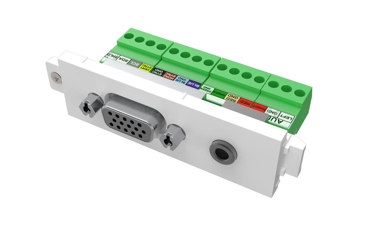 VISION Techconnect Modular AV Faceplate - LIFETIME WARRANTY - VGA and Minijack module - female 15-pin VGA and minijack socket for audio on front - bare-wire phoenix connectors on rear - suits pre-terminated Vision cables - fixes into Techconnect surr