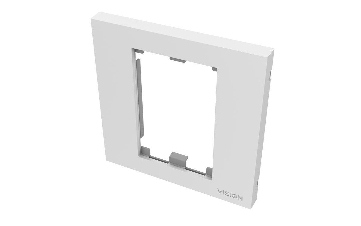 VISION Techconnect Modular AV Faceplate - LIFETIME WARRANTY - Single-Gang UK surround - frame which accommodates two modules - fits to TC3 BACKBOX1G or TC3 MUDRING1G, or any standard single-gang UK backbox (pattress) - 86 x 86 mm / 3.4 x 3.4" - plast