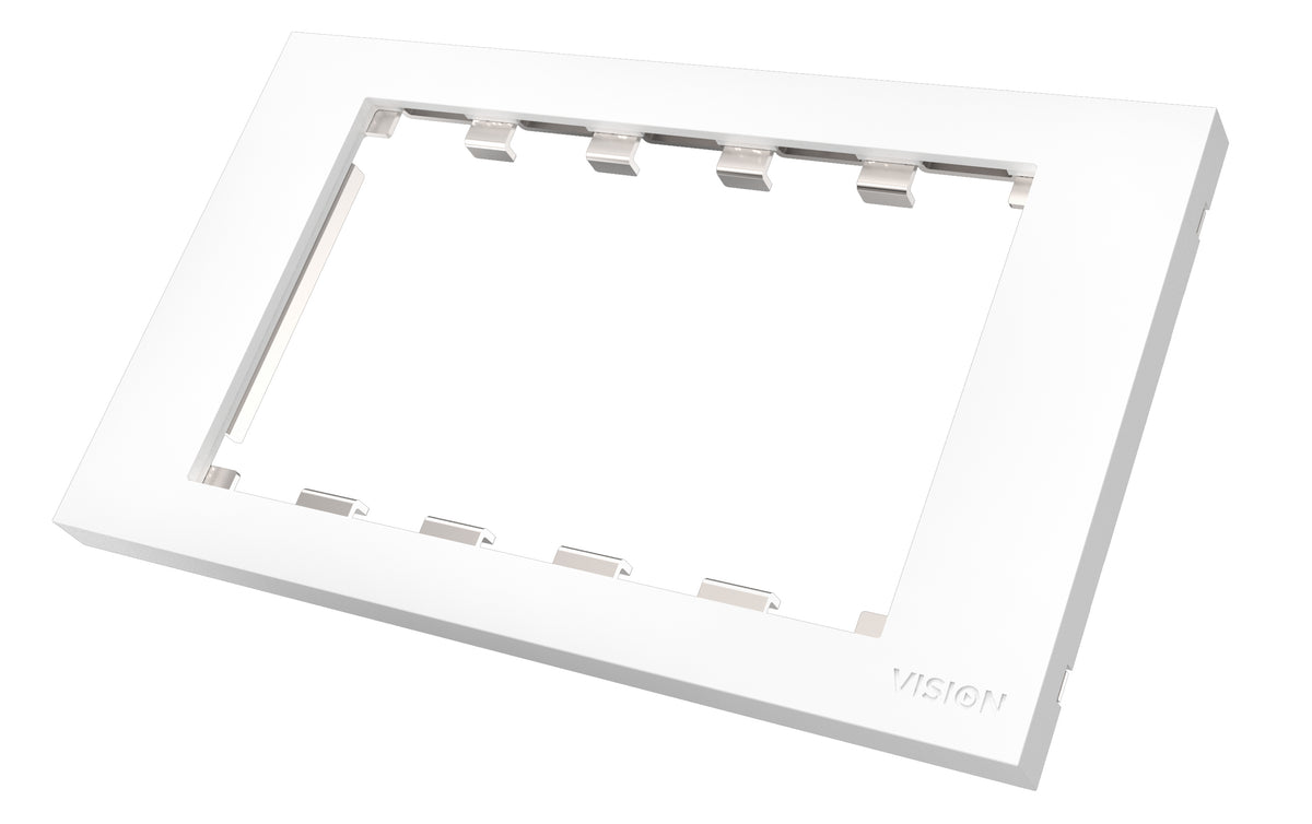 VISION Techconnect Modular AV Faceplate - LIFETIME WARRANTY - Double-Gang UK surround - frame which accommodates 5 modules - fits to TC3 BACKBOX2G, TC3 BACKBOX2GT, or TC2 MUDRING2G, or any standard double-gang UK backbox (pattress) 146 x 86mm / 5.8 x