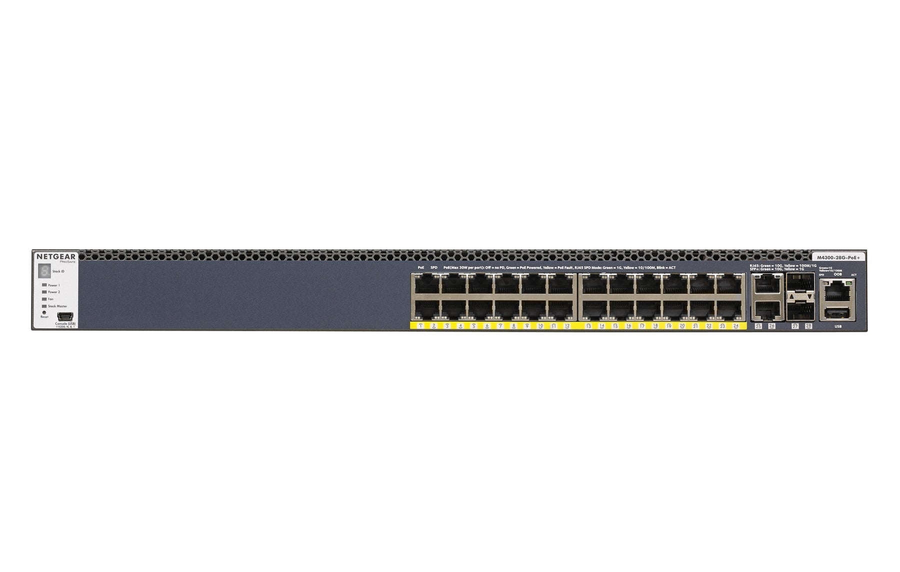 NETGEAR M4300-28G-PoE+ - Switch - L3 - Managed - 2 x 10/100/1000/10000 + 2 x 10 Gigabit SFP+ + 24 x 10/100/1000 (PoE+) - front to back airflow - rail mountable - PoE+ (720W)