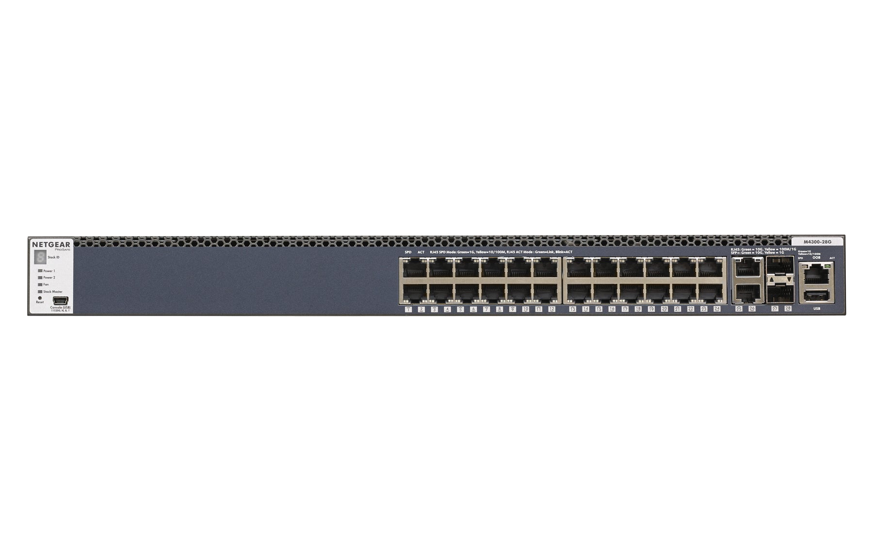 NETGEAR M4300-28G - Switch - L3 - Administrado - 2 x 10/100/1000/10000 + 2 x 10 Gigabit SFP+ + 24 x 10/100/1000 - flujo de aire de adelante hacia atrás - montaje en riel