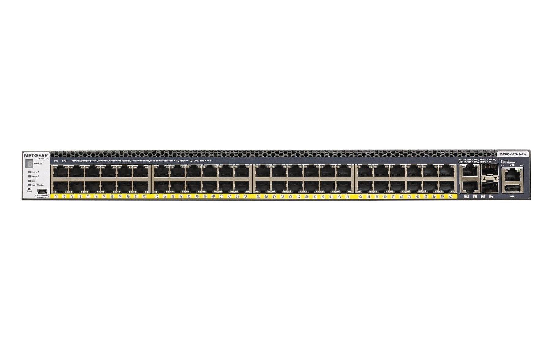 NETGEAR M4300-52G-PoE+ - Switch - L3 - Managed - 2 x 10/100/1000/10000 + 2 x 10 Gigabit SFP+ + 48 x 10/100/1000 (PoE+) - front to back airflow - rail mountable - PoE+ (480W)