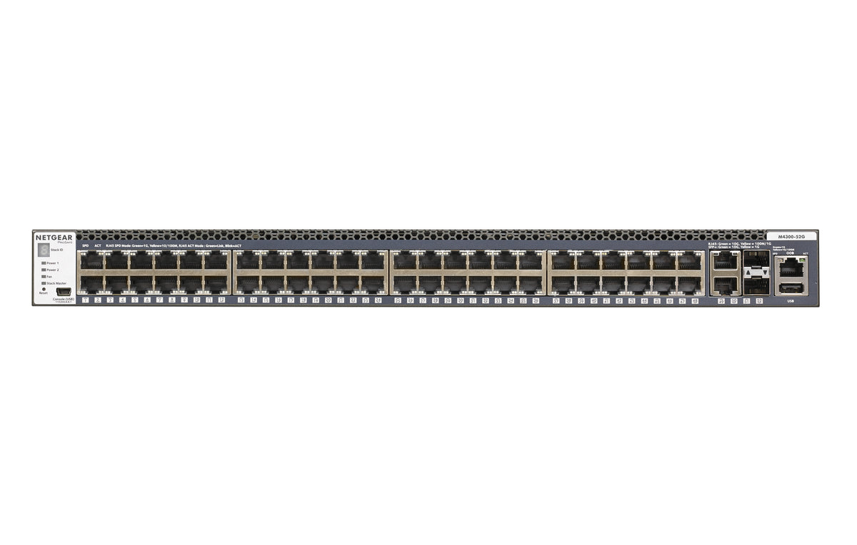 NETGEAR M4300-52G - Interruptor - L3 - Administrado - 2 x 10/100/1000/10000 + 2 x 10 Gigabit SFP+ + 48 x 10/100/1000 - fluxo de ar frente para trás - montável em trilho