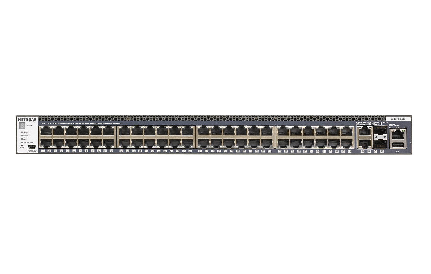 NETGEAR M4300-52G - Switch - L3 - Administrado - 2 x 10/100/1000/10000 + 2 x 10 Gigabit SFP+ + 48 x 10/100/1000 - flujo de aire de adelante hacia atrás - montaje en riel